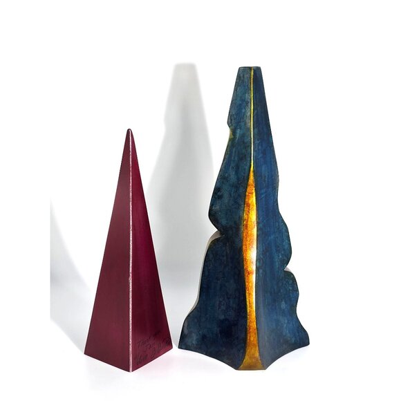 Modern Abstract Metal Sculptures Red & Blue Gold Accents Pair Signed By Burke - Picture 3 of 12